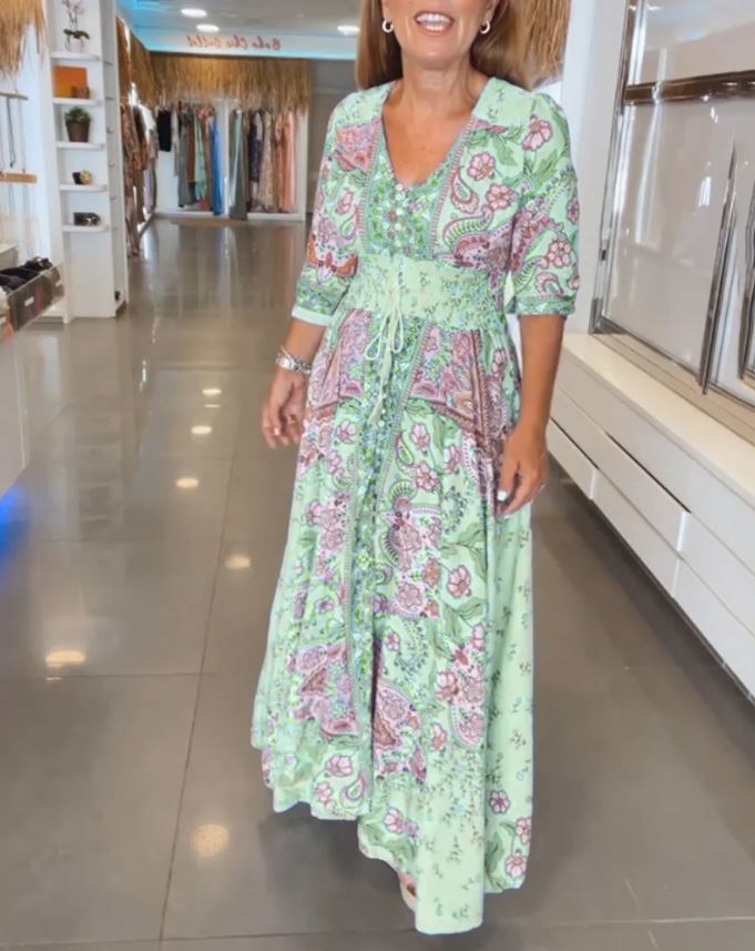 Maia - Vestido de festa com decote em V e mangas 3/4