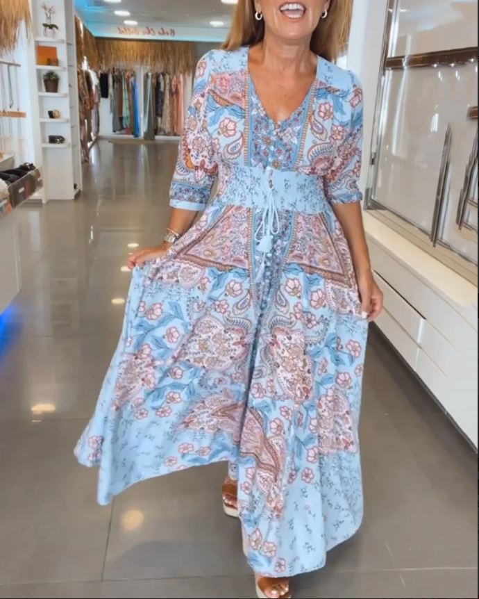 Maia - Vestido de festa com decote em V e mangas 3/4