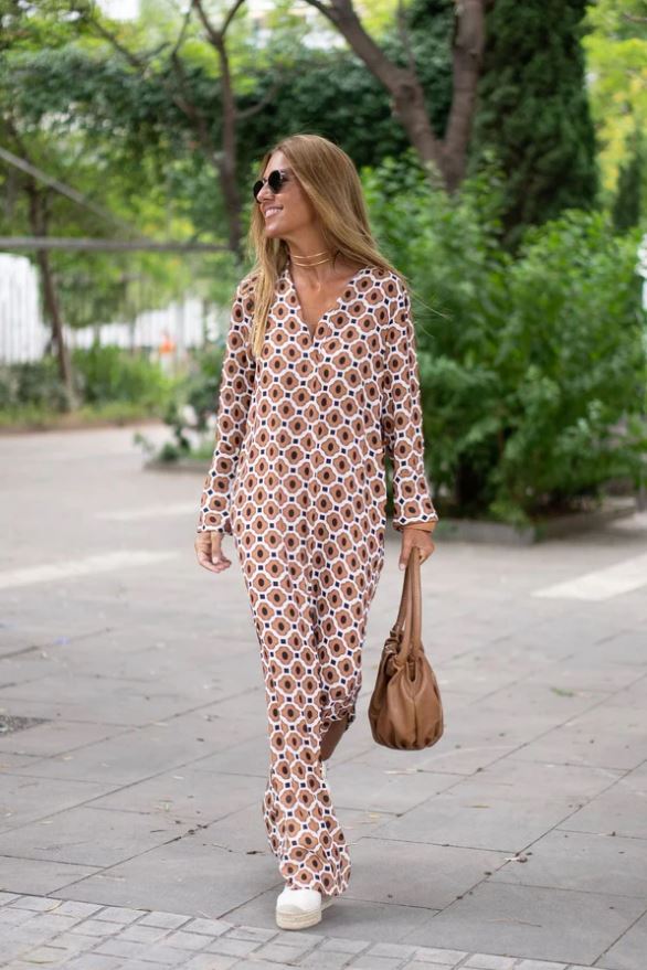 Bellevo | Vestido Elegante com Estampado Castanho