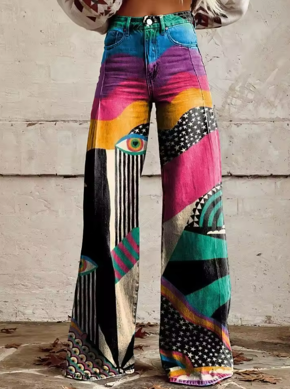 TALIA | Calças Flare Estilo Boho com Cintura Alta e Look Artístico de Festival